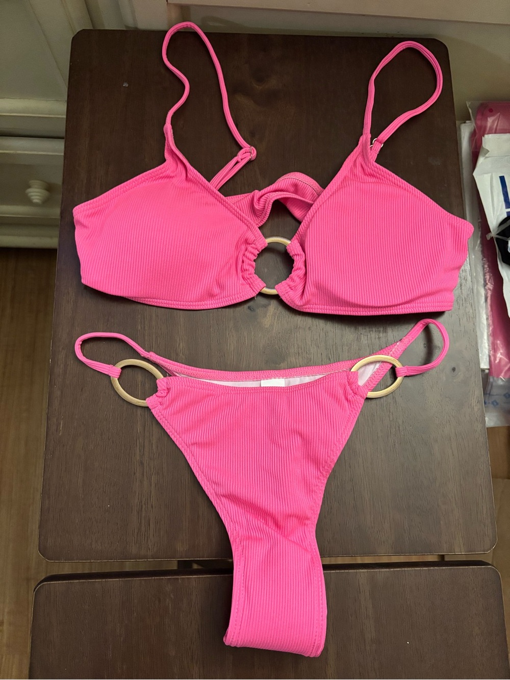 Women's Hot Pink Ring-Accent Ribbed Bikini Set size large